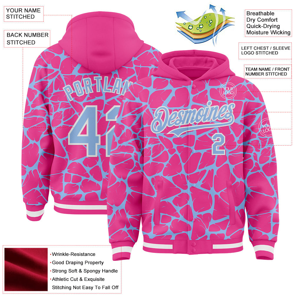 Custom Pink Light Blue-White Abstract Network 3D Pattern Design Bomber Full-Snap Varsity Letterman Hoodie Jacket