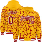 Custom Gold Red-White Abstract Network 3D Pattern Design Bomber Full-Snap Varsity Letterman Hoodie Jacket