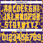 Custom Purple Gold-White Abstract Network 3D Pattern Design Bomber Full-Snap Varsity Letterman Hoodie Jacket
