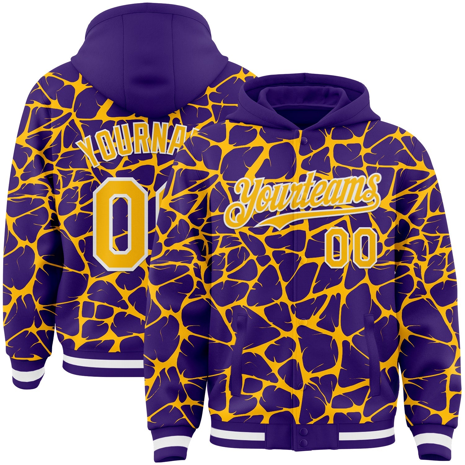 Custom Purple Gold-White Abstract Network 3D Pattern Design Bomber Full-Snap Varsity Letterman Hoodie Jacket