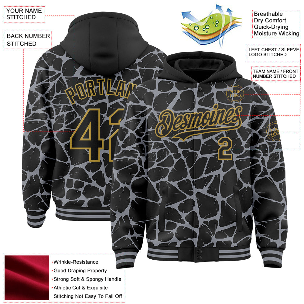 Custom Black Gray-Old Gold Abstract Network 3D Pattern Design Bomber Full-Snap Varsity Letterman Hoodie Jacket