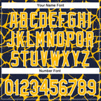 Custom Navy Gold-White Abstract Network 3D Pattern Design Bomber Full-Snap Varsity Letterman Hoodie Jacket