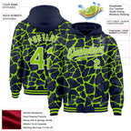 Custom Navy Neon Green-White Abstract Network 3D Pattern Design Bomber Full-Snap Varsity Letterman Hoodie Jacket