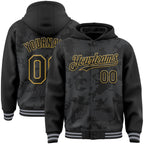 Custom Black Gray-Old Gold Curve Lines 3D Pattern Design Bomber Full-Snap Varsity Letterman Hoodie Jacket