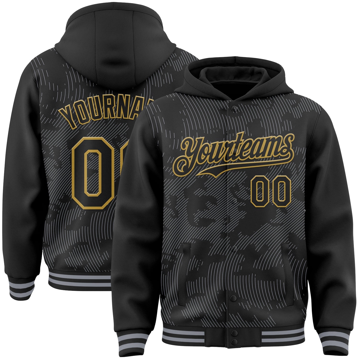 Custom Black Gray-Old Gold Curve Lines 3D Pattern Design Bomber Full-Snap Varsity Letterman Hoodie Jacket