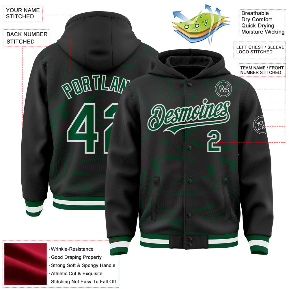 Custom Black Kelly Green-White Curve Lines 3D Pattern Design Bomber Full-Snap Varsity Letterman Hoodie Jacket