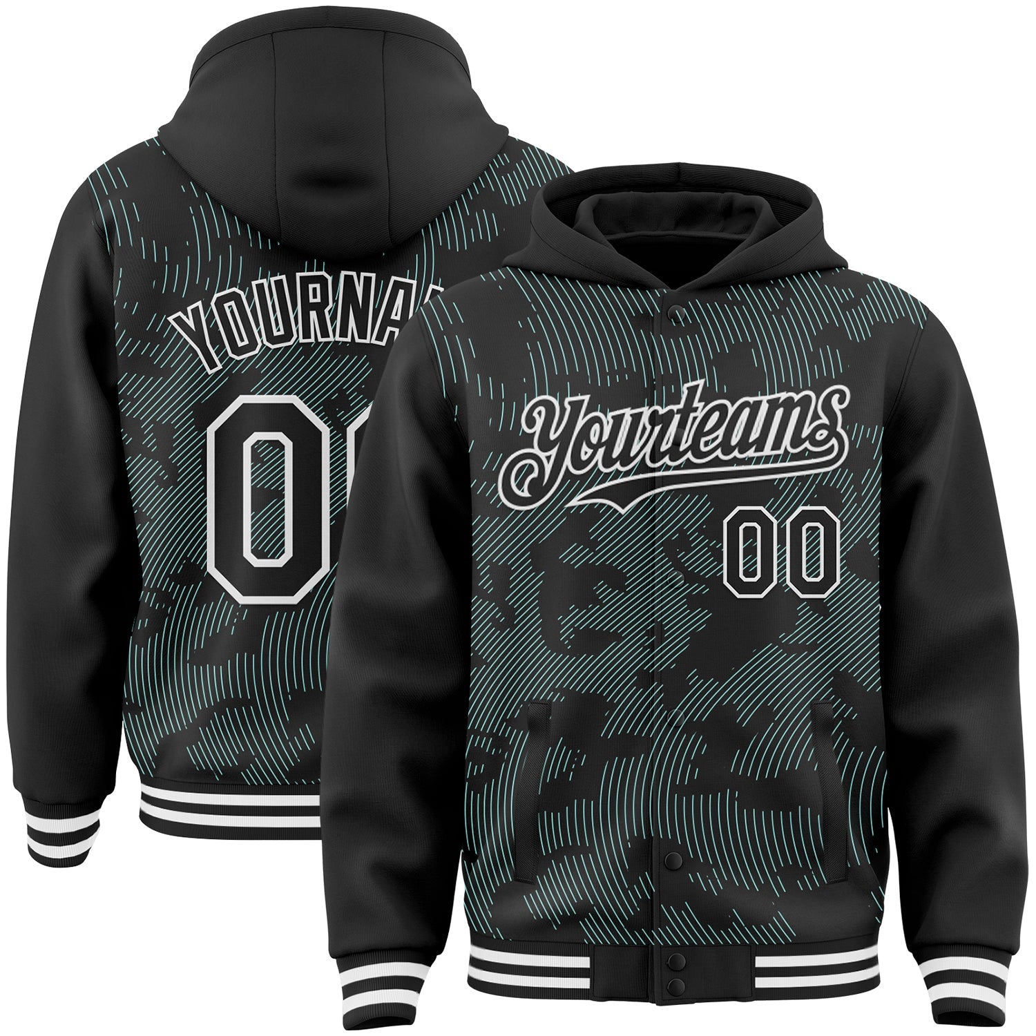 Custom Black Ice Blue-White Curve Lines 3D Pattern Design Bomber Full-Snap Varsity Letterman Hoodie Jacket