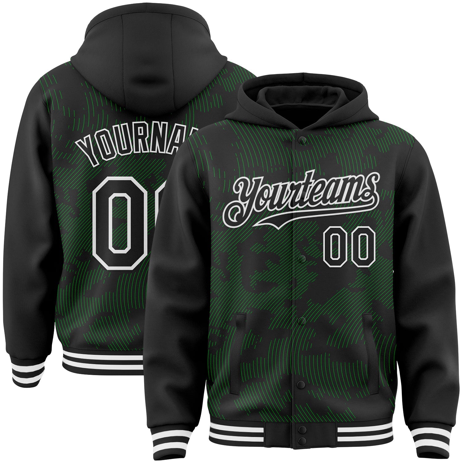 Custom Black Grass Green-White Curve Lines 3D Pattern Design Bomber Full-Snap Varsity Letterman Hoodie Jacket