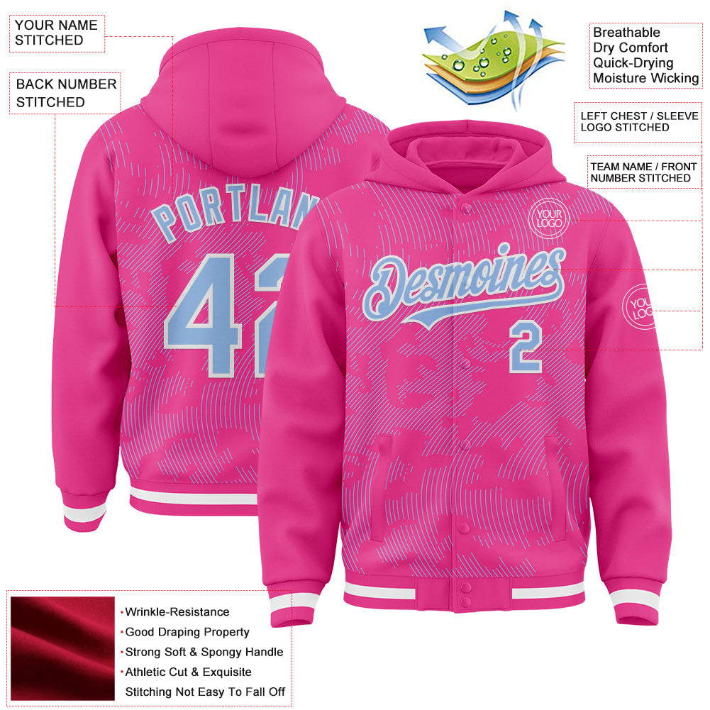 Custom Pink Light Blue-White Curve Lines 3D Pattern Design Bomber Full-Snap Varsity Letterman Hoodie Jacket
