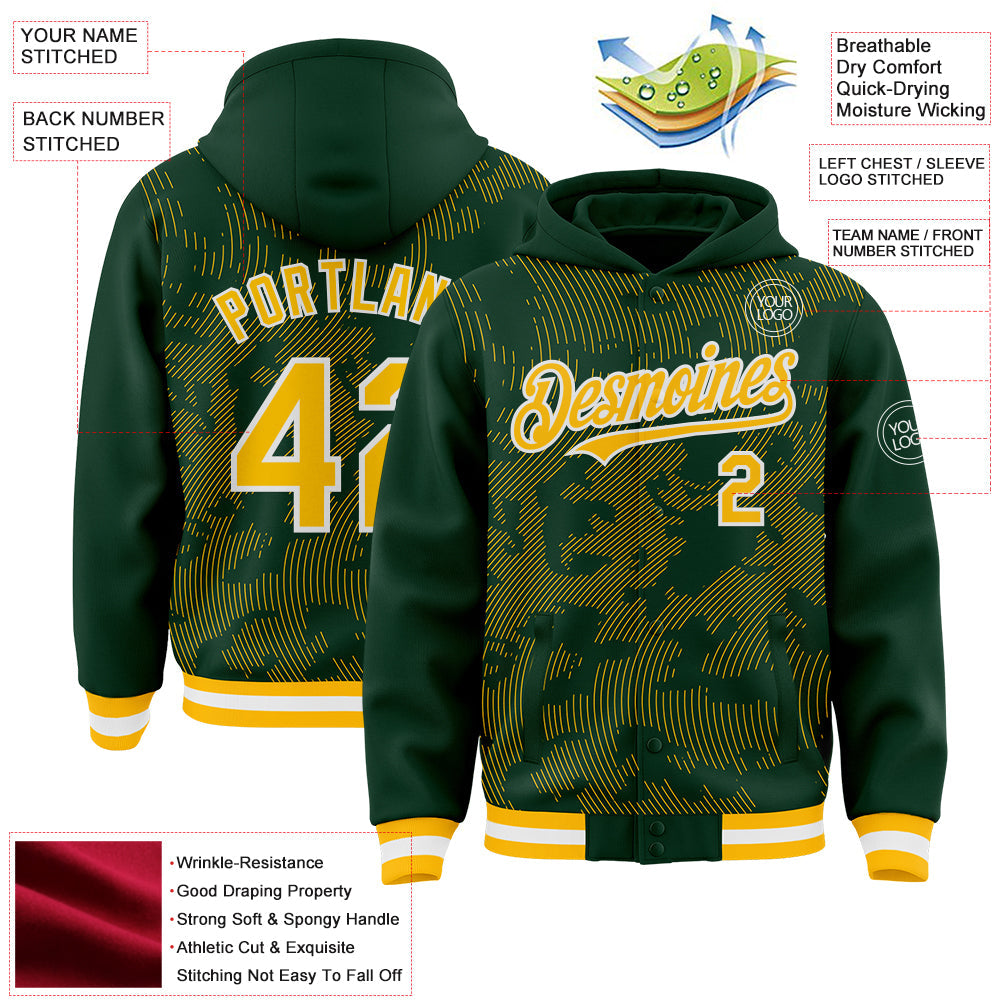 Custom Green Gold-White Curve Lines 3D Pattern Design Bomber Full-Snap Varsity Letterman Hoodie Jacket