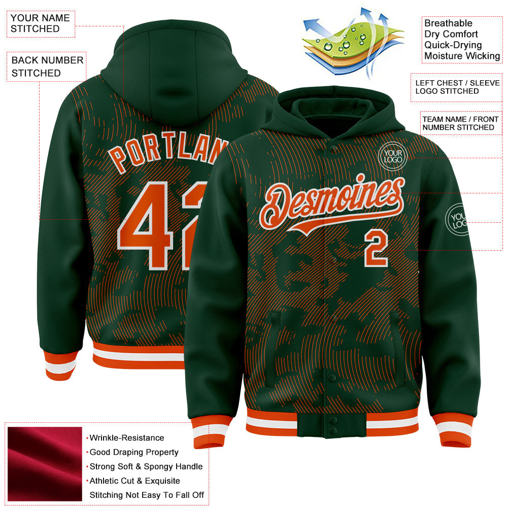 Custom Green Orange-White Curve Lines 3D Pattern Design Bomber Full-Snap Varsity Letterman Hoodie Jacket
