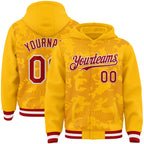 Custom Gold Red-White Curve Lines 3D Pattern Design Bomber Full-Snap Varsity Letterman Hoodie Jacket