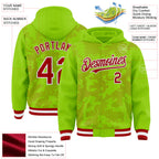 Custom Neon Green Red-White Curve Lines 3D Pattern Design Bomber Full-Snap Varsity Letterman Hoodie Jacket