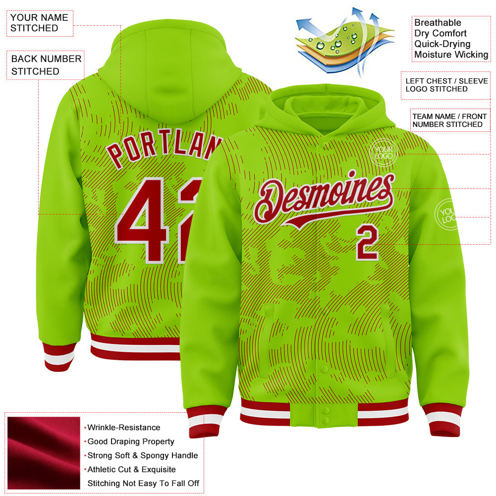 Custom Neon Green Red-White Curve Lines 3D Pattern Design Bomber Full-Snap Varsity Letterman Hoodie Jacket