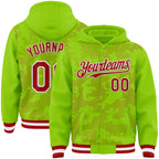 Custom Neon Green Red-White Curve Lines 3D Pattern Design Bomber Full-Snap Varsity Letterman Hoodie Jacket