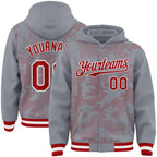 Custom Gray Red-White Curve Lines 3D Pattern Design Bomber Full-Snap Varsity Letterman Hoodie Jacket