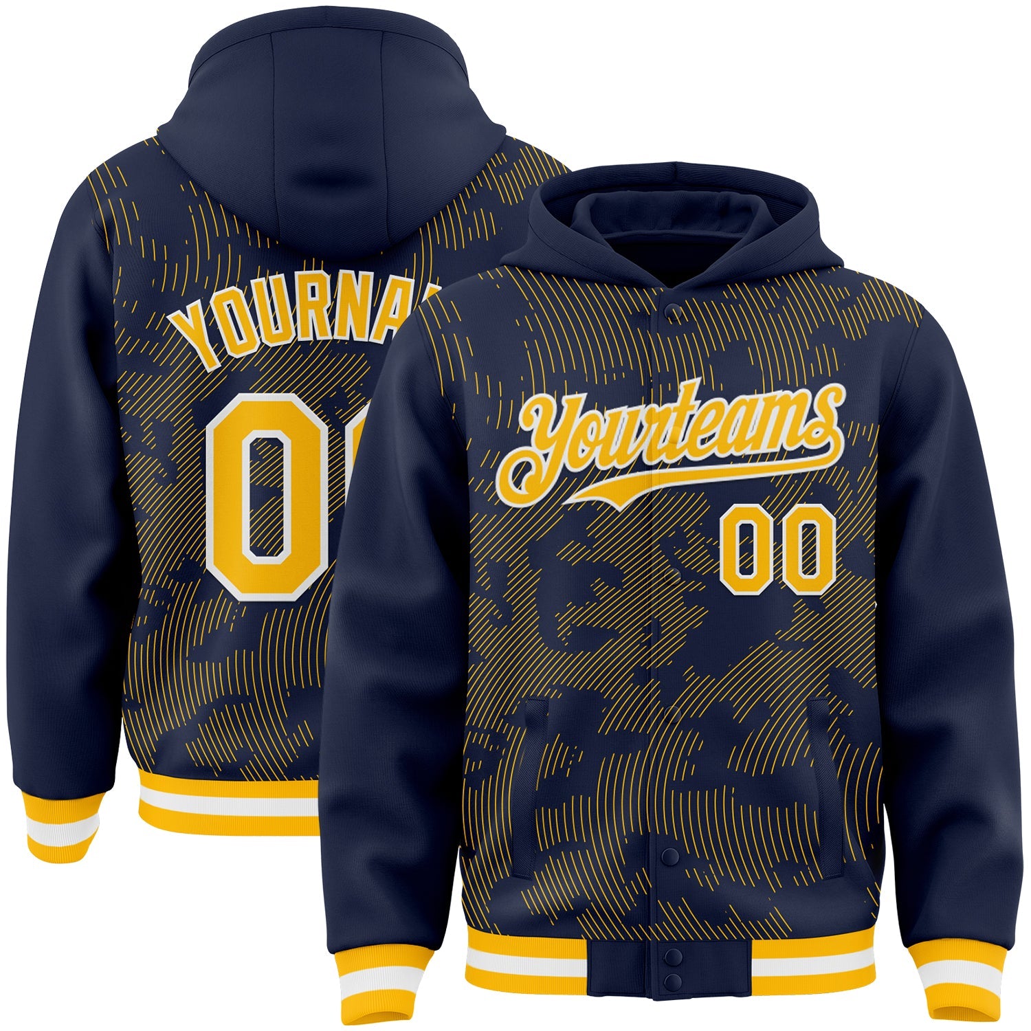 Custom Navy Gold-White Curve Lines 3D Pattern Design Bomber Full-Snap Varsity Letterman Hoodie Jacket
