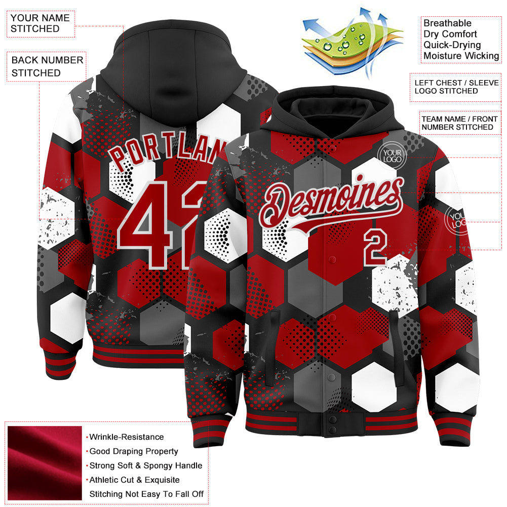 Custom Black Red-White Geometric Shape 3D Pattern Design Bomber Full-Snap Varsity Letterman Hoodie Jacket