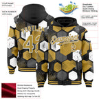 Custom Black Old Gold-White Geometric Shape 3D Pattern Design Bomber Full-Snap Varsity Letterman Hoodie Jacket