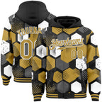 Custom Black Old Gold-White Geometric Shape 3D Pattern Design Bomber Full-Snap Varsity Letterman Hoodie Jacket