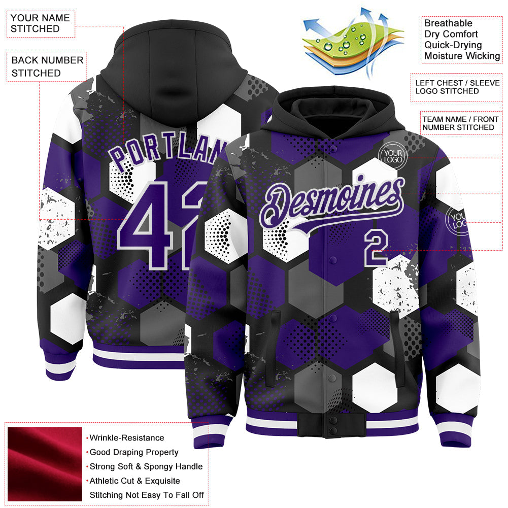 Custom Black Purple-White Geometric Shape 3D Pattern Design Bomber Full-Snap Varsity Letterman Hoodie Jacket
