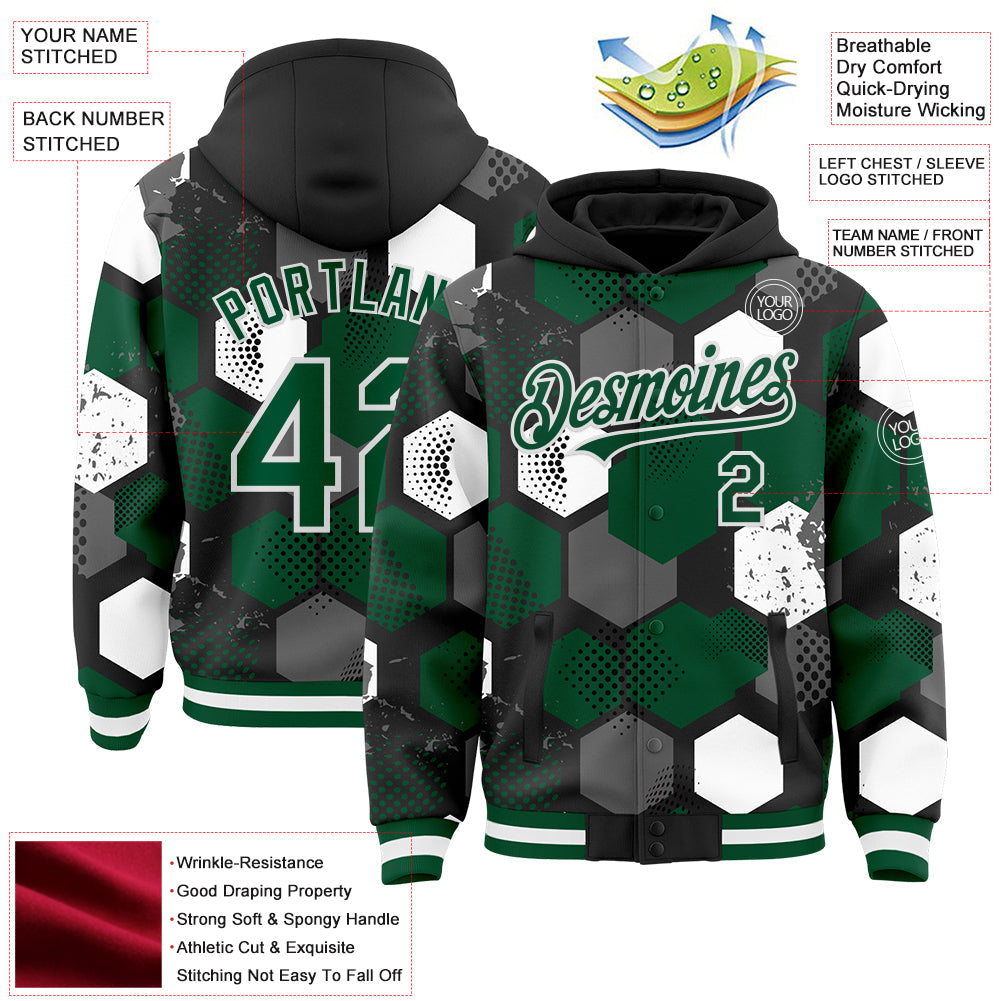 Custom Black Kelly Green-White Geometric Shape 3D Pattern Design Bomber Full-Snap Varsity Letterman Hoodie Jacket