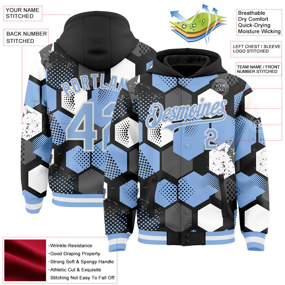 Custom Black Light Blue-White Geometric Shape 3D Pattern Design Bomber Full-Snap Varsity Letterman Hoodie Jacket