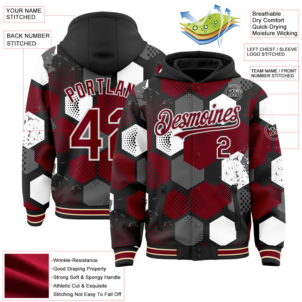 Custom Black Crimson-White Geometric Shape 3D Pattern Design Bomber Full-Snap Varsity Letterman Hoodie Jacket