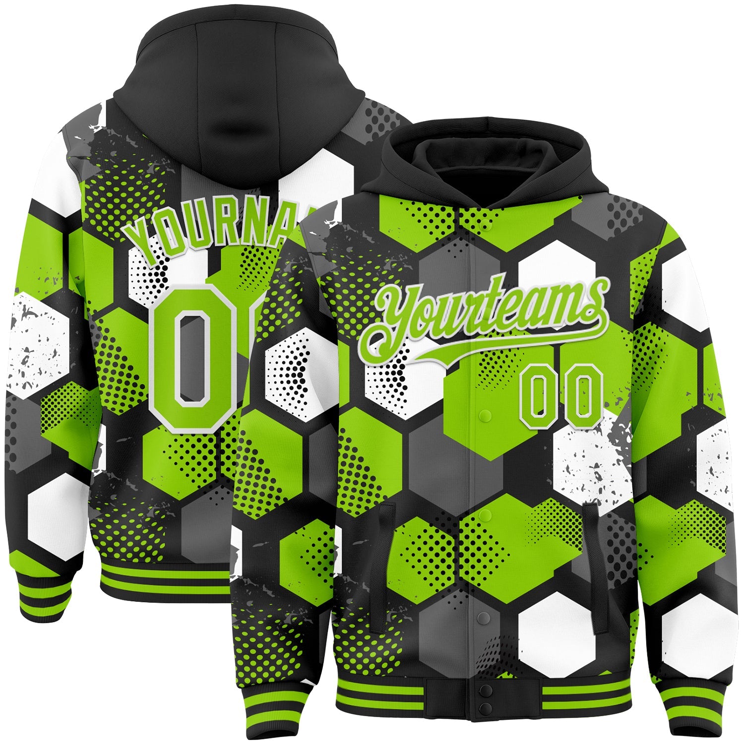 Custom Black Neon Green-White Geometric Shape 3D Pattern Design Bomber Full-Snap Varsity Letterman Hoodie Jacket