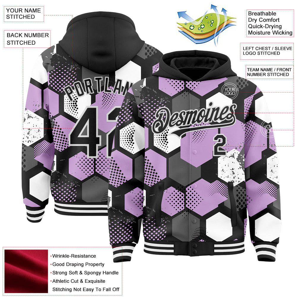 Custom Black Light Purple-White Geometric Shape 3D Pattern Design Bomber Full-Snap Varsity Letterman Hoodie Jacket