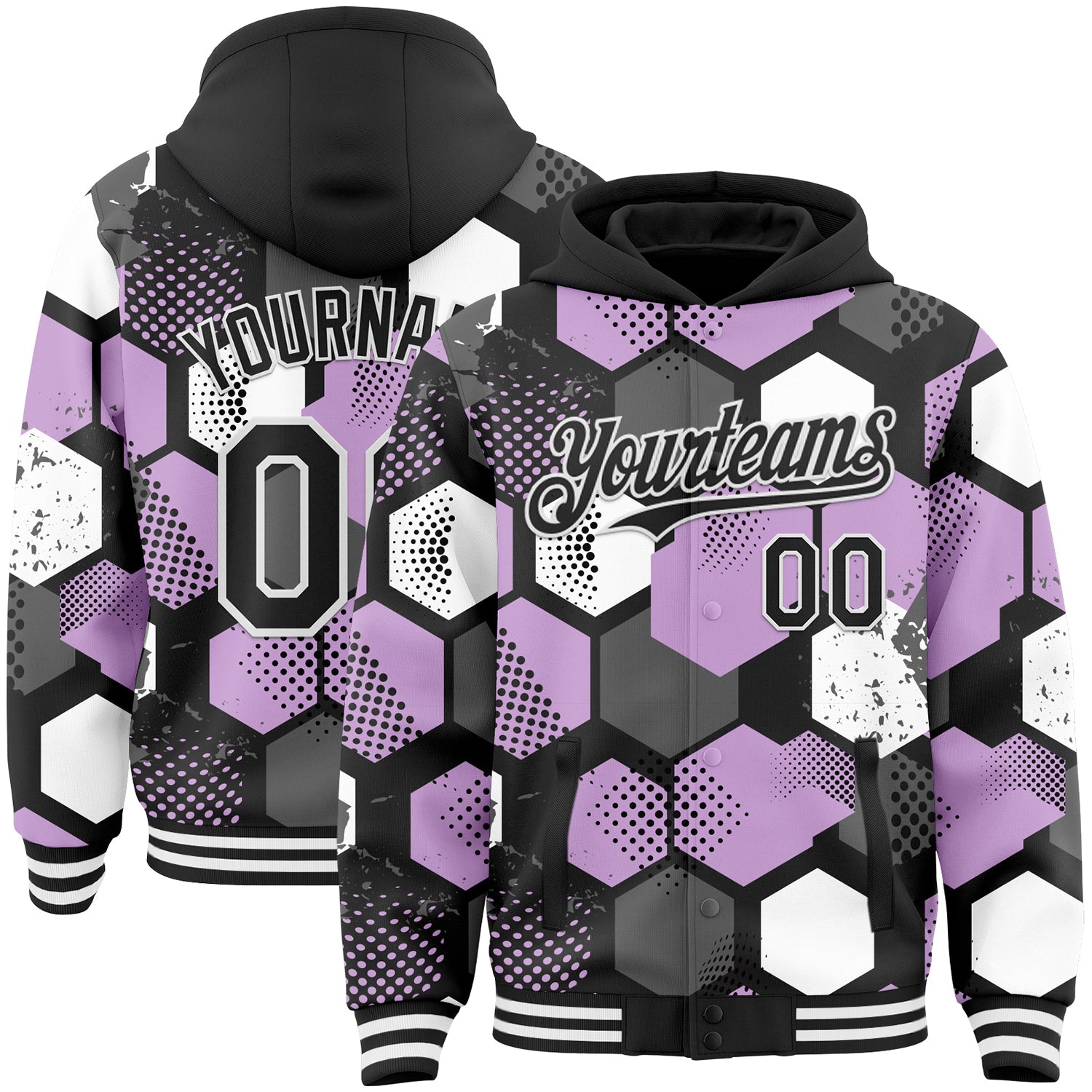 Custom Black Light Purple-White Geometric Shape 3D Pattern Design Bomber Full-Snap Varsity Letterman Hoodie Jacket