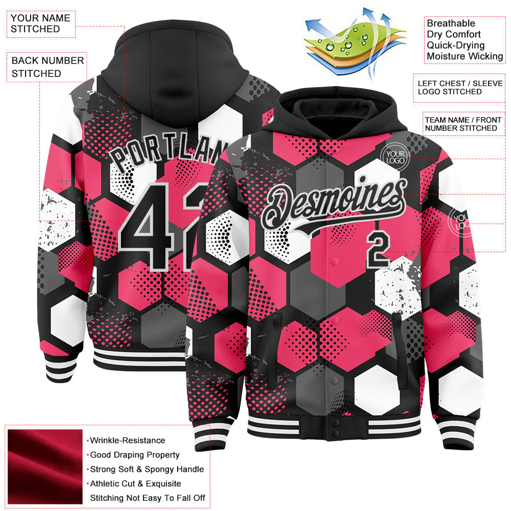 Custom Black Neon Pink-White Geometric Shape 3D Pattern Design Bomber Full-Snap Varsity Letterman Hoodie Jacket