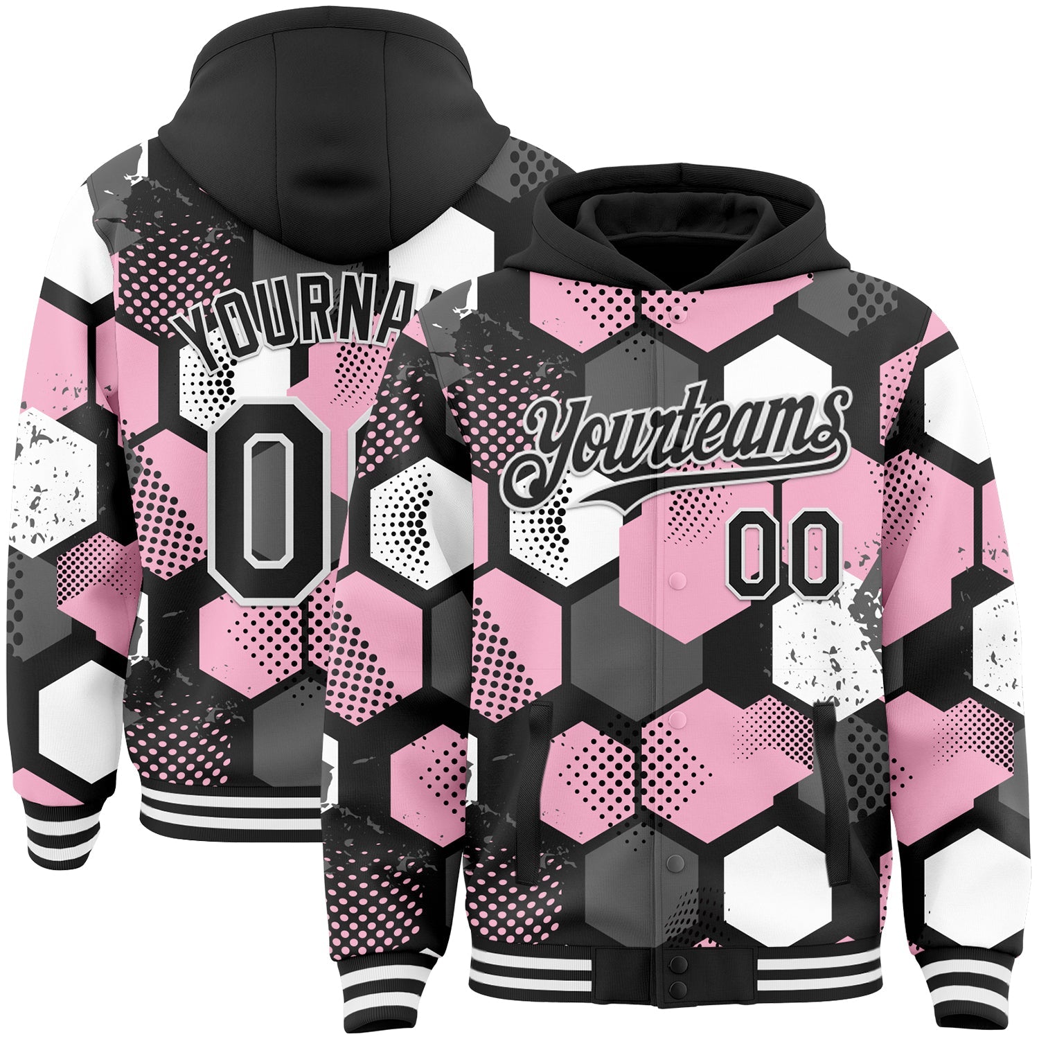 Custom Black Light Pink-White Geometric Shape 3D Pattern Design Bomber Full-Snap Varsity Letterman Hoodie Jacket