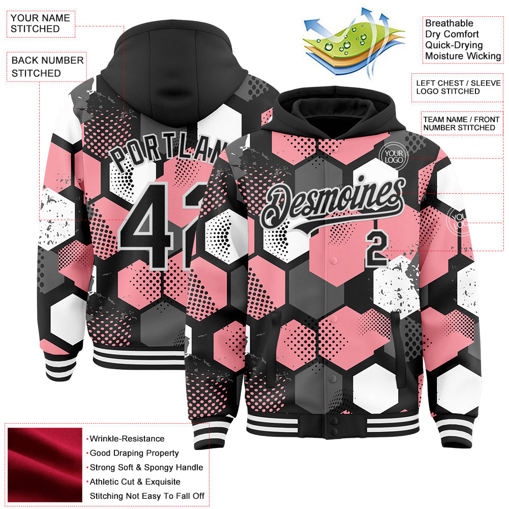 Custom Black Medium Pink-White Geometric Shape 3D Pattern Design Bomber Full-Snap Varsity Letterman Hoodie Jacket