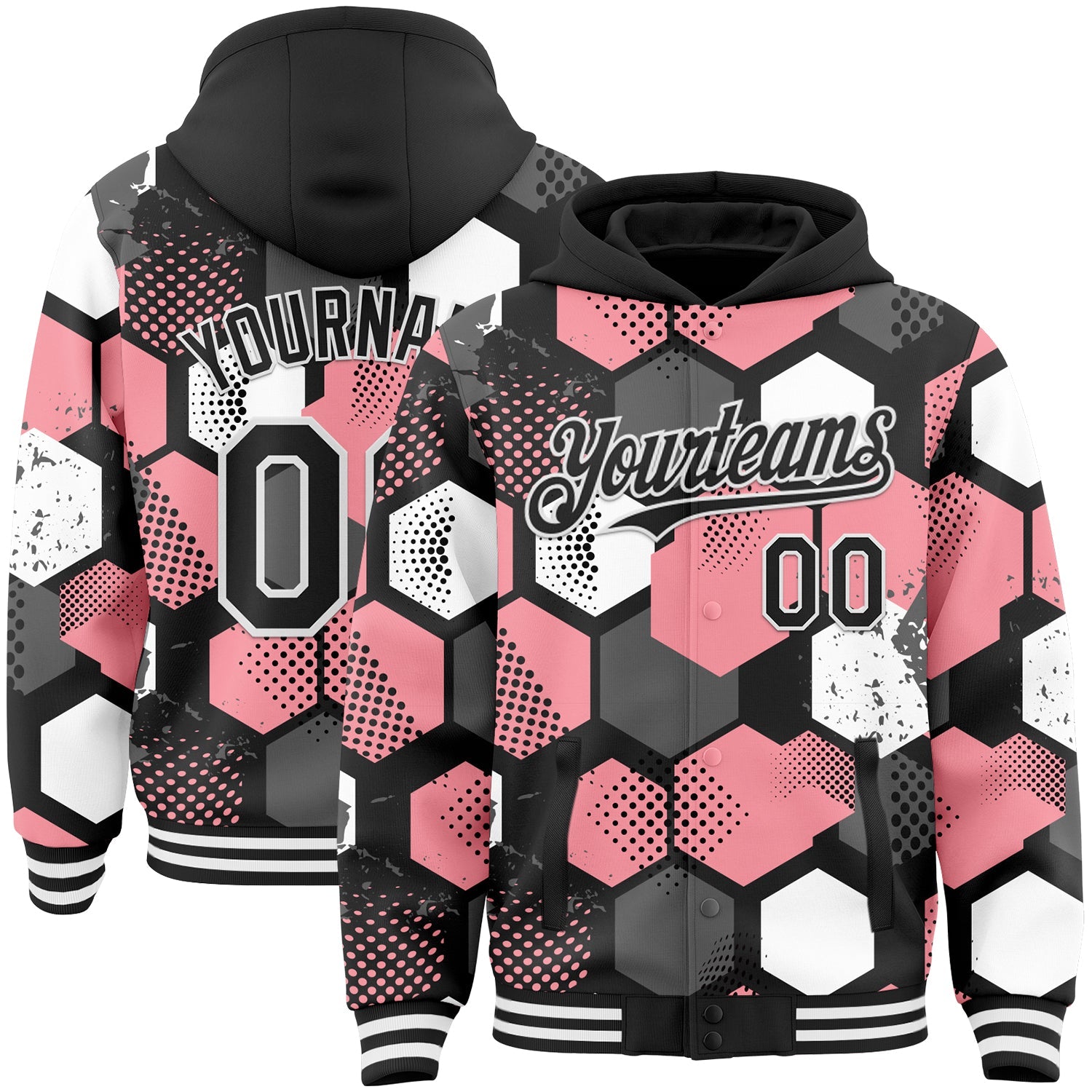 Custom Black Medium Pink-White Geometric Shape 3D Pattern Design Bomber Full-Snap Varsity Letterman Hoodie Jacket