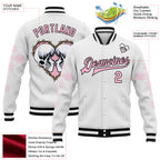 Custom White Light Pink-Black Gothic Crosses Skull 3D Pattern Design Bomber Full-Snap Varsity Letterman Jacket