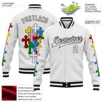 Custom White Black Gothic Chromatic Crosses 3D Pattern Design Bomber Full-Snap Varsity Letterman Jacket