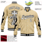 Custom City Cream White-Black Gothic Flame Cross Grunge 3D Pattern Design Bomber Full-Snap Varsity Letterman Jacket