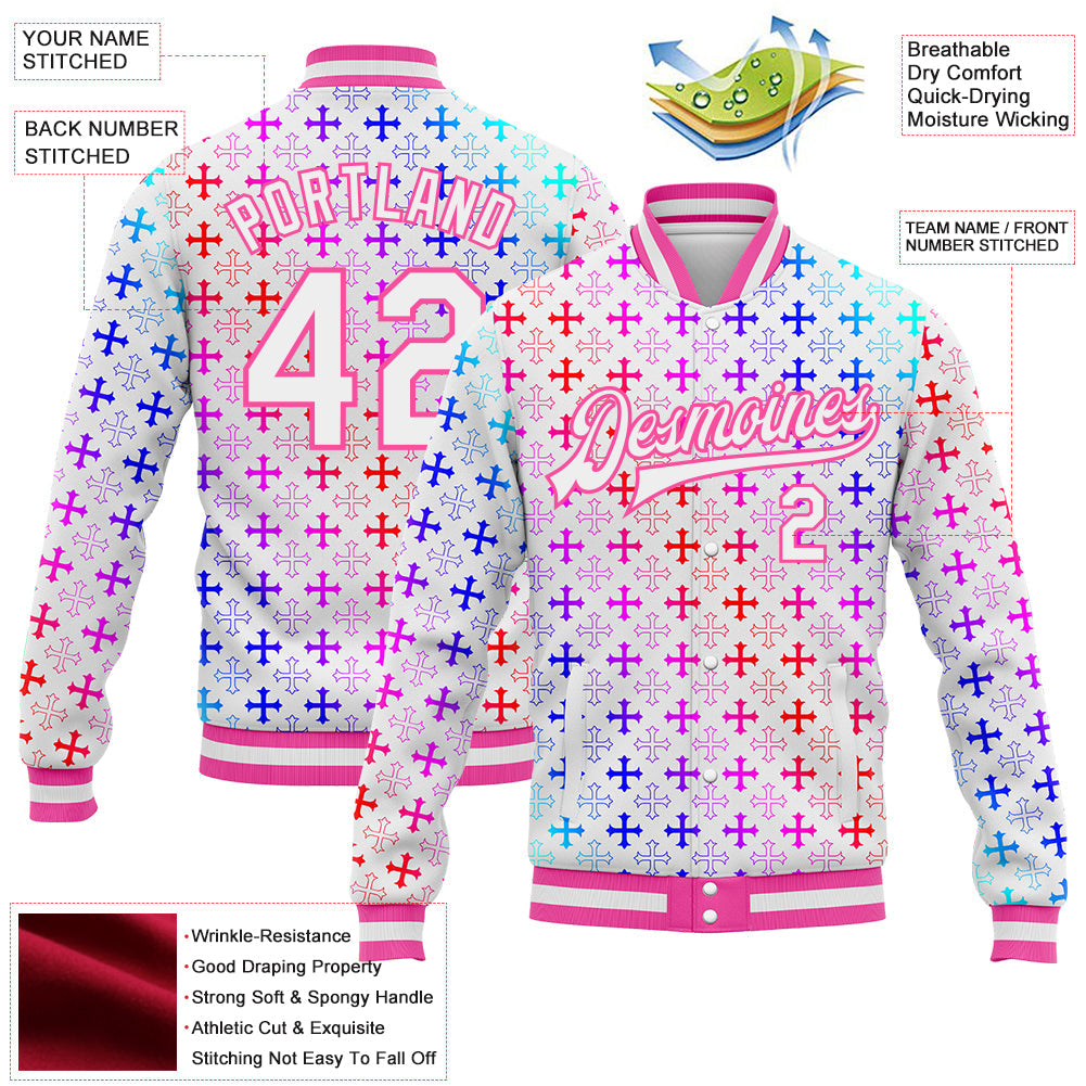 Custom White Pink Gothic Gradient Crosses 3D Pattern Design Bomber Full-Snap Varsity Letterman Jacket