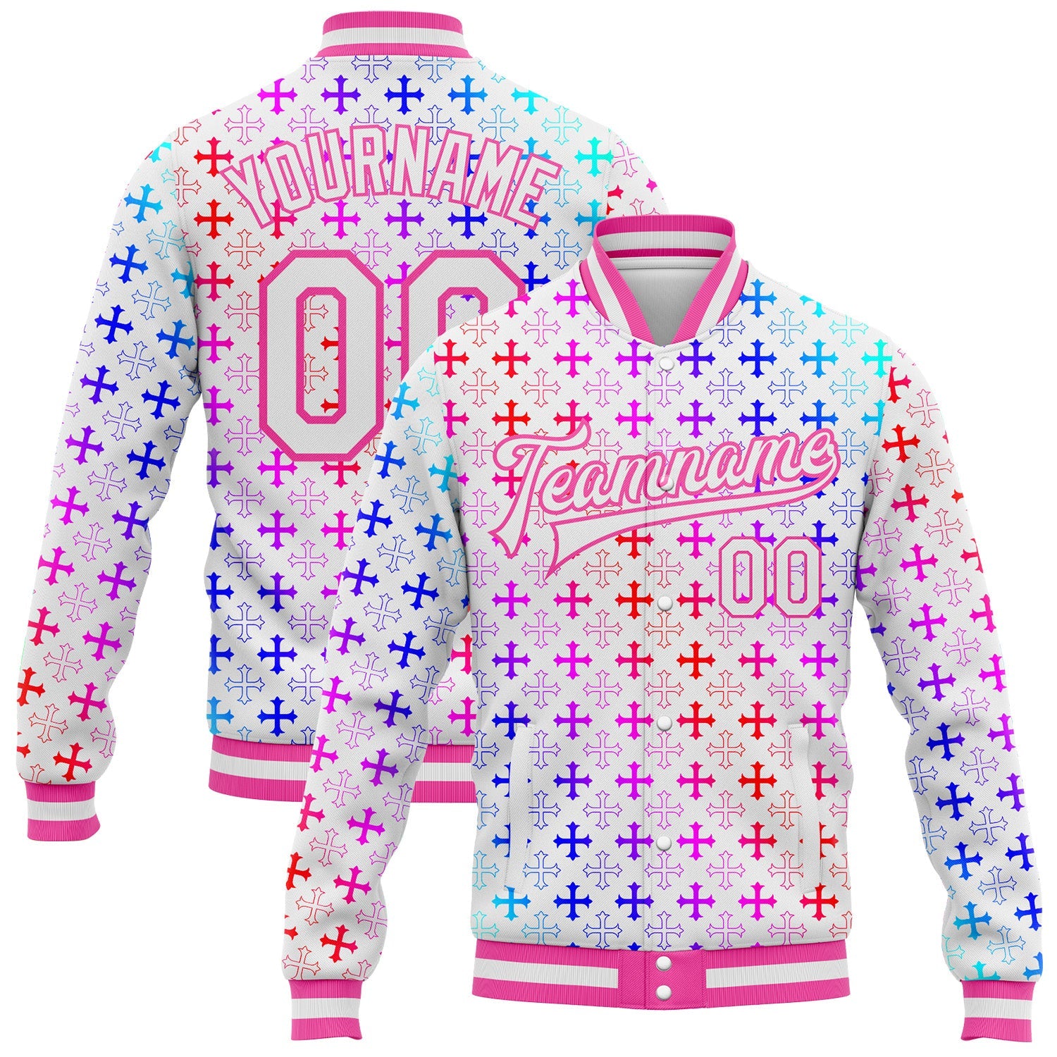 Custom White Pink Gothic Gradient Crosses 3D Pattern Design Bomber Full-Snap Varsity Letterman Jacket