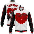 Custom White Red-Black Gothic Grunge Splash Heart 3D Pattern Design Bomber Full-Snap Varsity Letterman Jacket