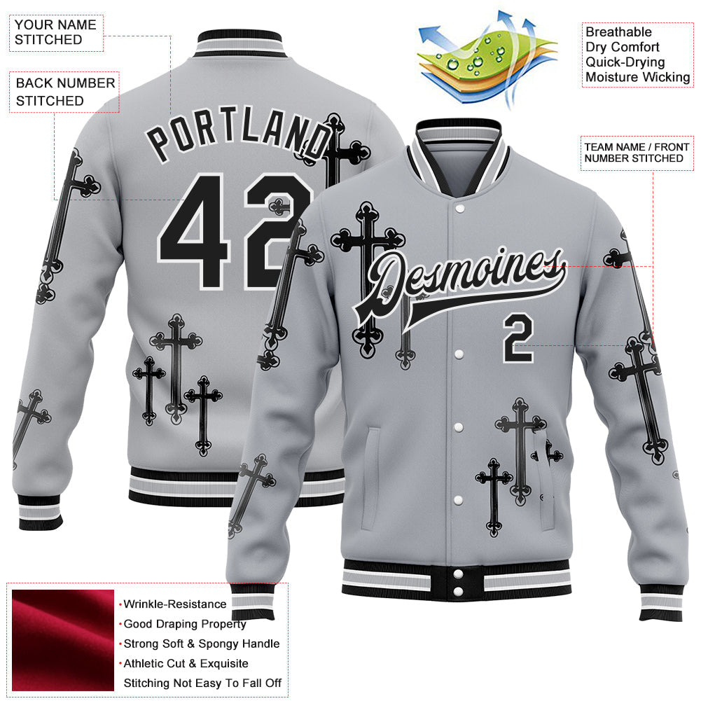 Custom Gray Black-White Gothic Crosses 3D Pattern Design Bomber Full-Snap Varsity Letterman Jacket