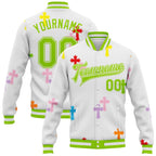 Custom White Neon Green Gothic Crosses 3D Pattern Design Bomber Full-Snap Varsity Letterman Jacket