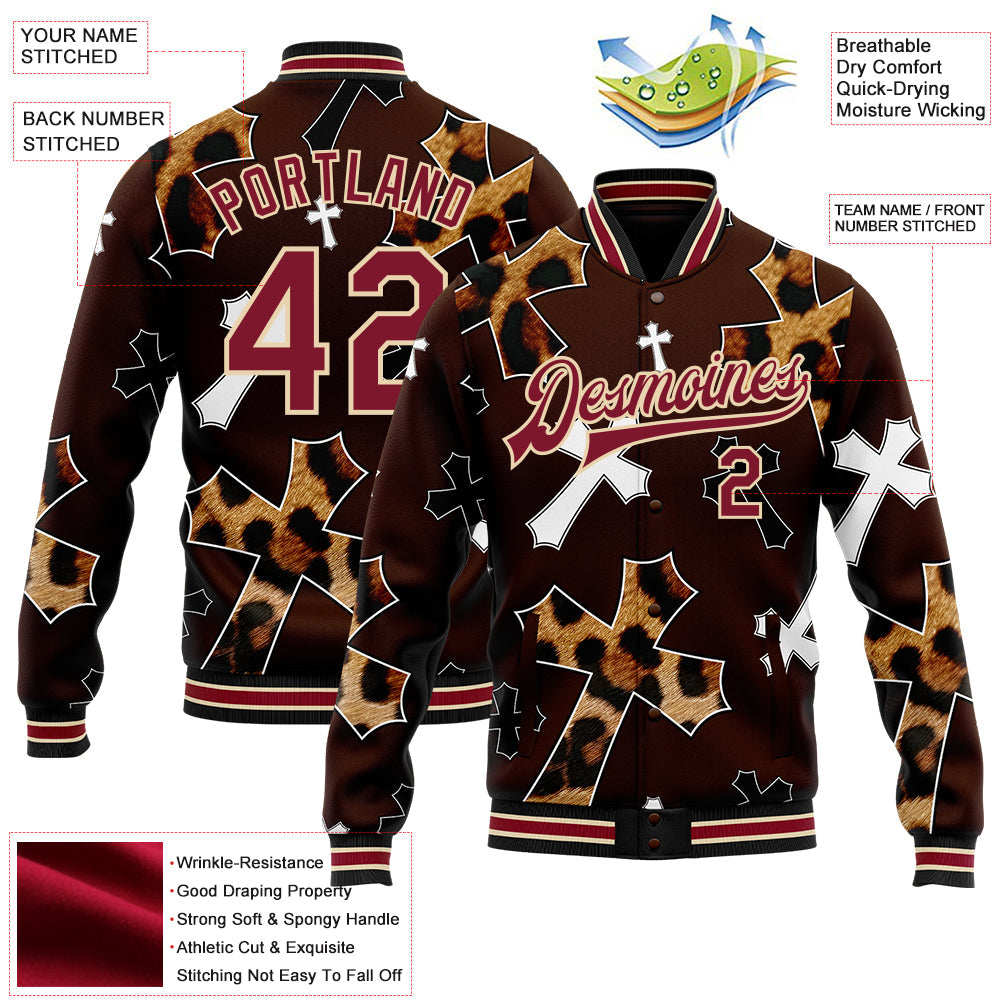 Custom Brown Crimson City Cream-Black Gothic Leopard Print Crosses 3D Pattern Design Bomber Full-Snap Varsity Letterman Jacket