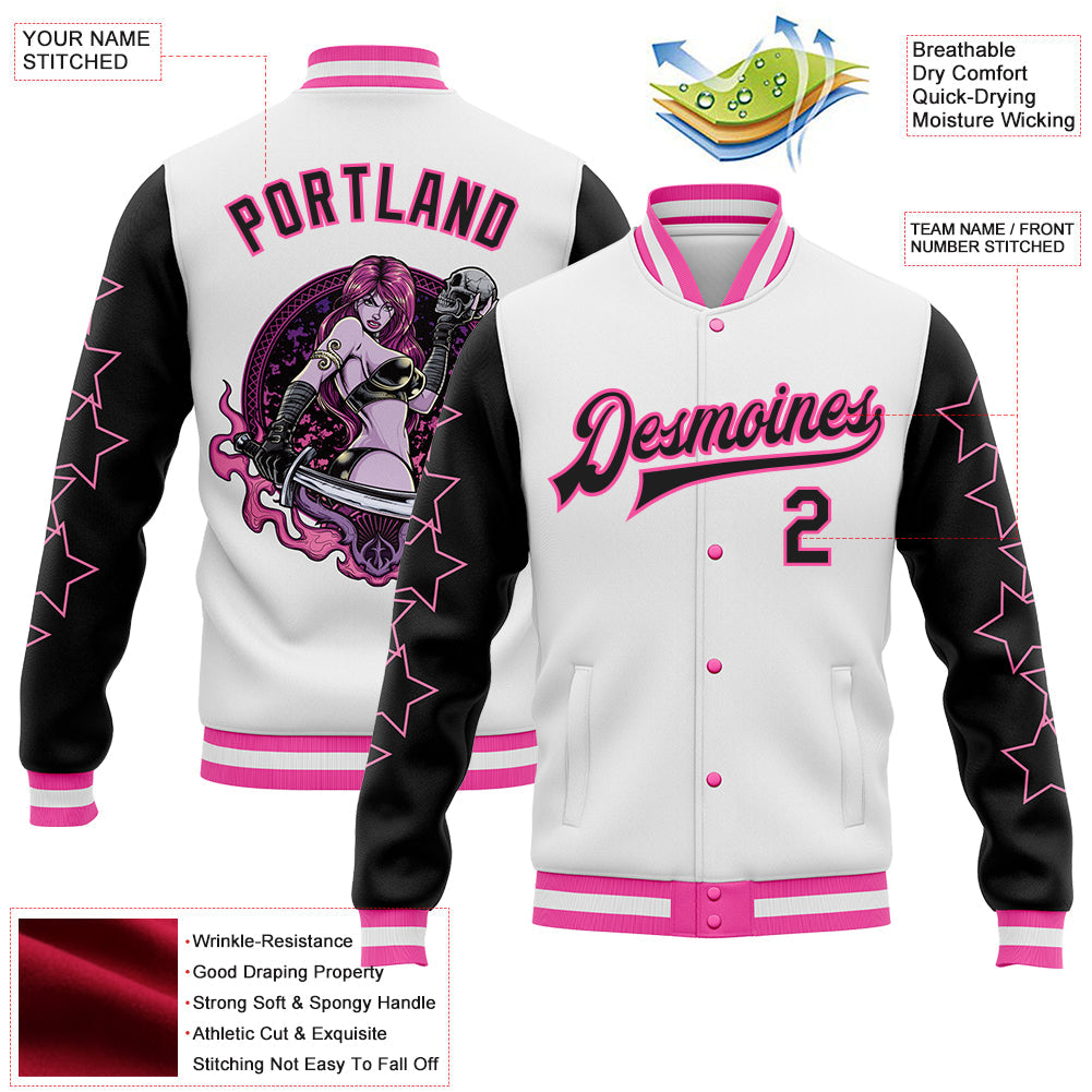 Custom White Black-Pink Y2K Stars 3D Pattern Design Bomber Full-Snap Varsity Letterman Jacket