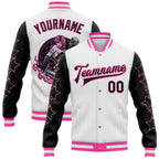 Custom White Black-Pink Y2K Stars 3D Pattern Design Bomber Full-Snap Varsity Letterman Jacket
