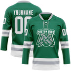 Custom Kelly Green White-Gray Hockey Lace Neck Jersey