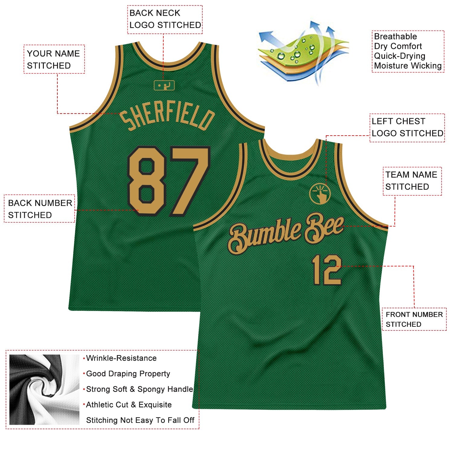 Custom Kelly Green Old Gold-Black Authentic Throwback Basketball Jersey