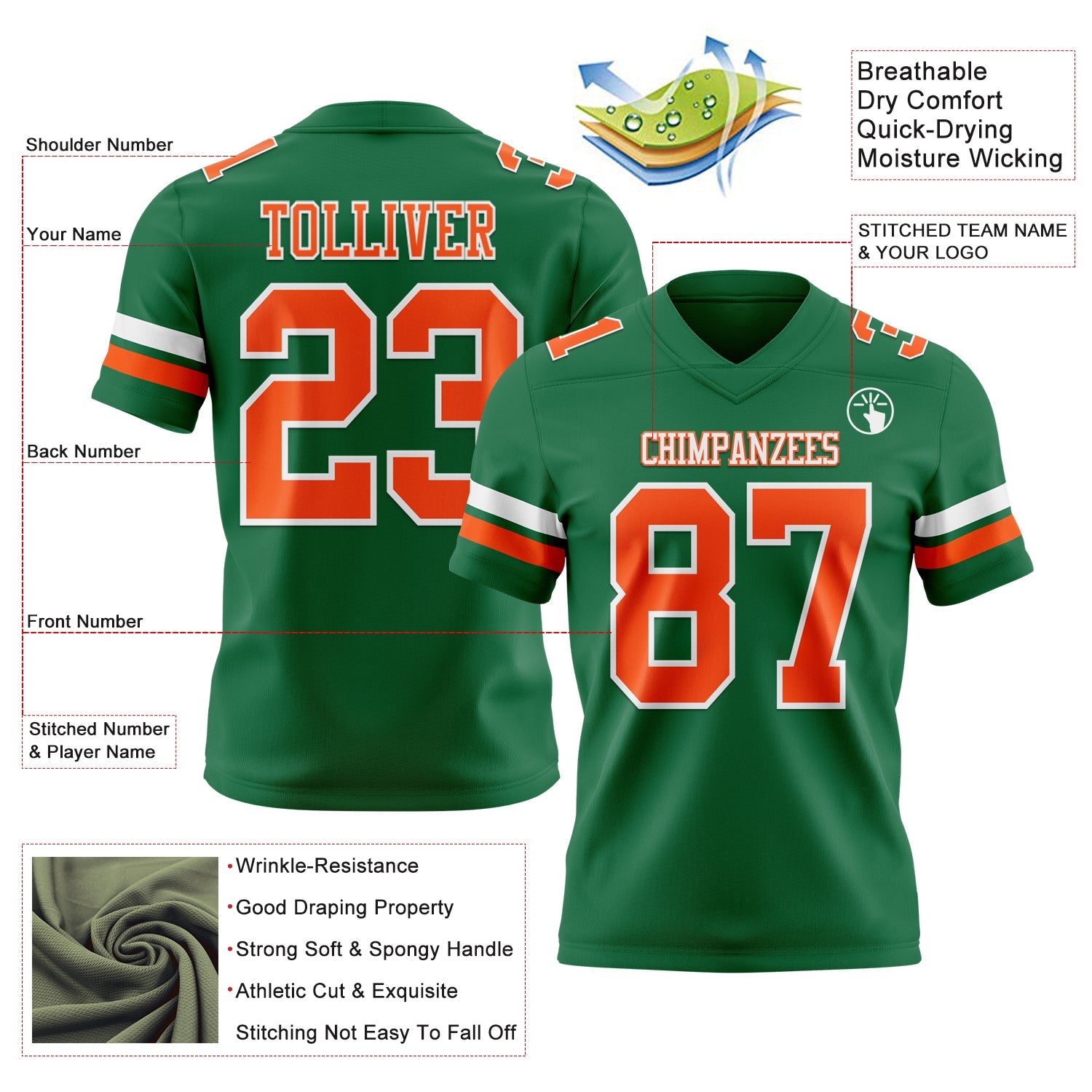 Custom Kelly Green Orange-White Authentic Football Jersey