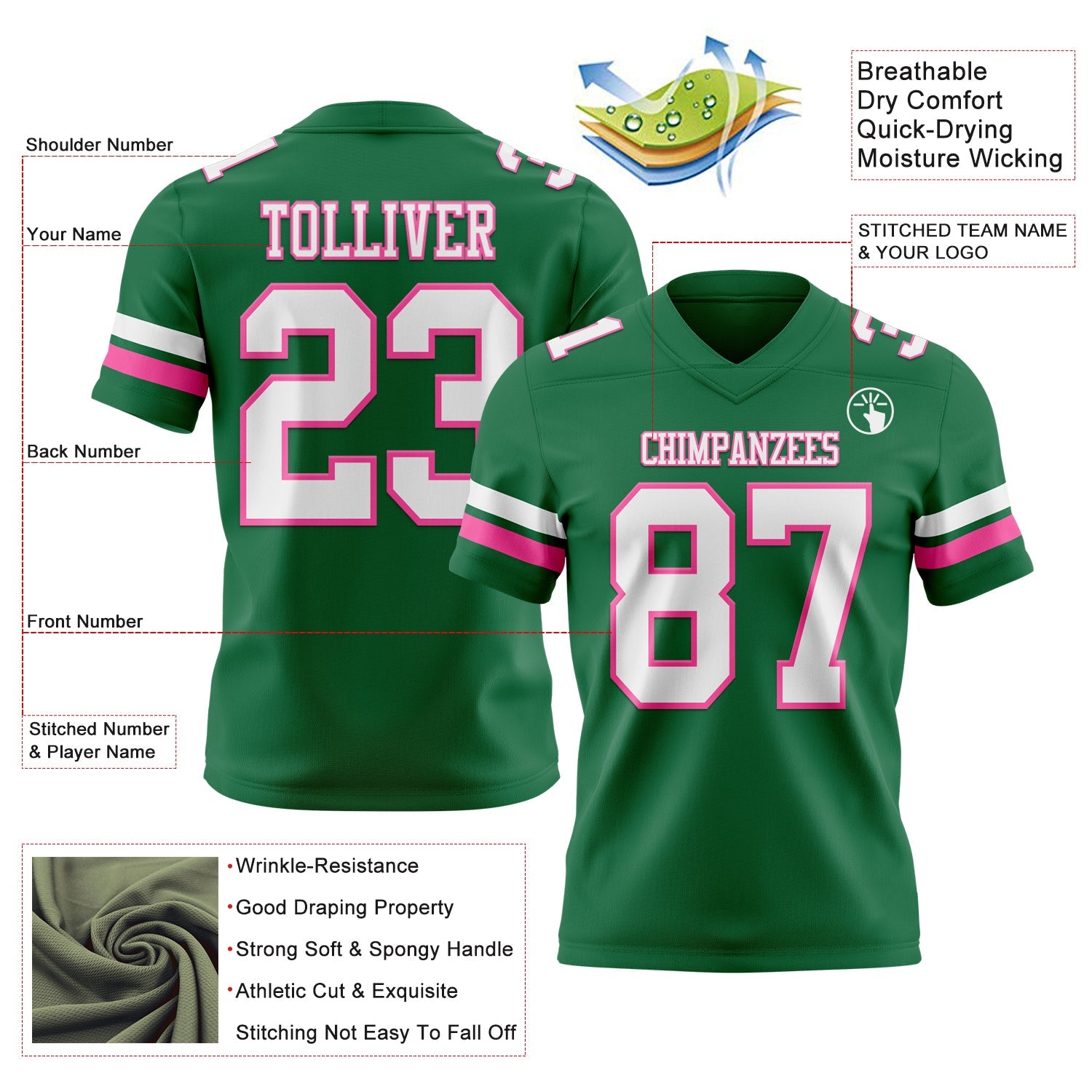 Custom Kelly Green White-Pink Authentic Football Jersey